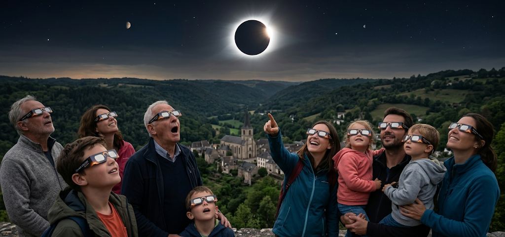 Groupe de personnes regardant l'éclipse solaire de 2026 avec les lunettes de protection certifiées ISO de Solaris Eclipse.

